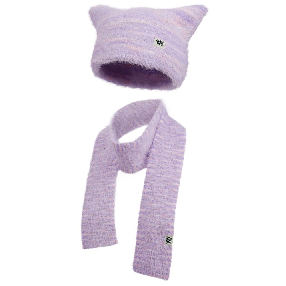 2245 Fuzzy Beanie Cute cat Ear Hats Winter Knit Long Scarf Neck Warmer